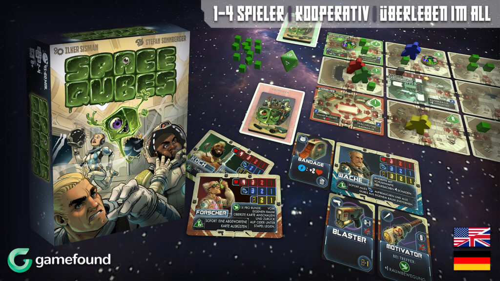 Spielbox und Spielaufbau von Space Qubes.
